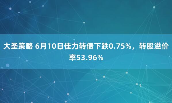 大圣策略 6月10日佳力转债下跌0.75%，转股溢价率53.96%